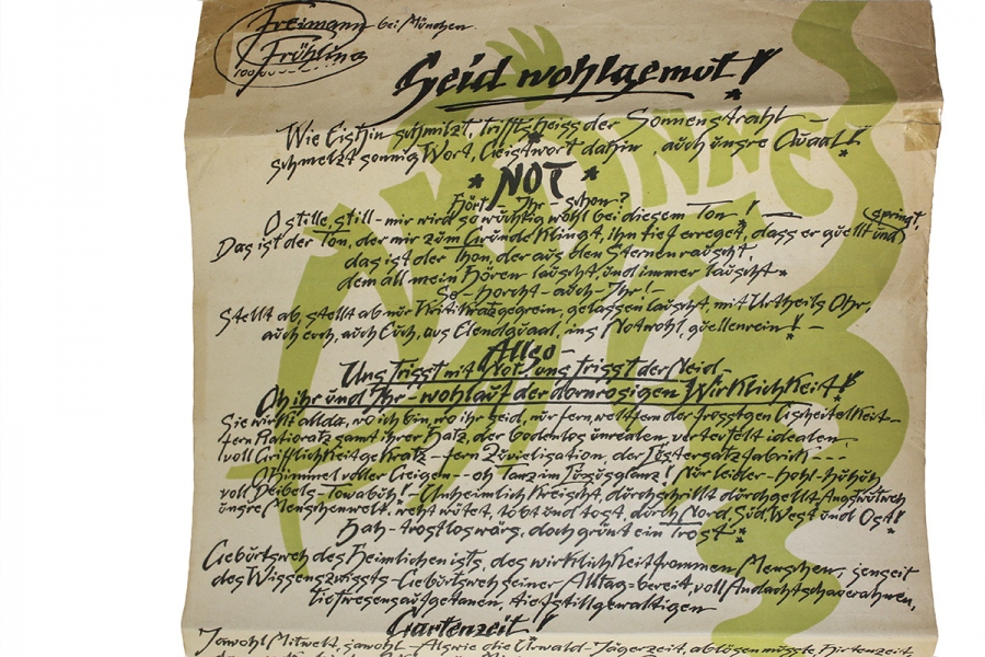 Ausschnitt Flugschrift von Gusto Gräser, (lies Gusto Gräser unter anderem vom Münchner Rathausturm fliegen), Mohr-Villa Stadtteilarchiv Freimann - 
